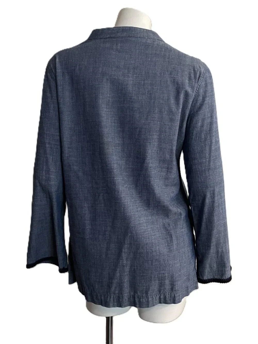 Tory Burch Tunic Blouse Top Sz 8 Med Embroidered Blue Chambray Geometric Cotton